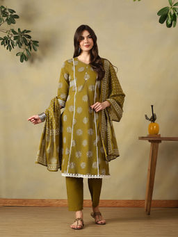 Mamicha - Olive Jiya Straight Kurta with Pant & Dupatta