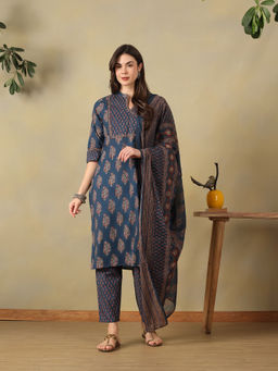 Mamicha - Indigo Indrani Floral Printed Kurta with Pant & Dupatta