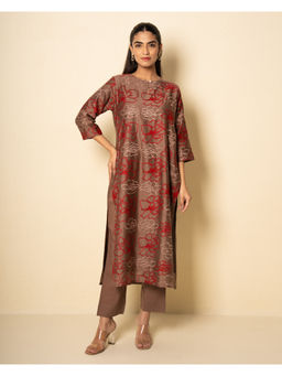 Kameez - Cocoa Brown Chanderi Floral Embroidered Kurta and Pant