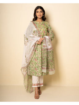 Kameez - Garden Mint Cotton Floral Block Print Kurta with Pant & Dupatta