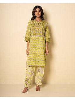 Kameez - Yellow Leaf Cotton Green Floral Block Print Kurta and Pant