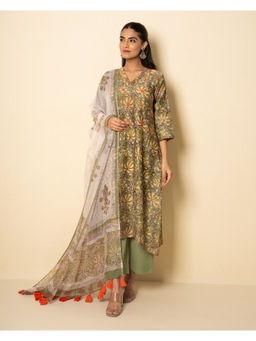 Kameez - Olive Meadow Chanderi Floral Block Print Kurta with Pant & Dupatta