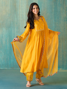 Likha - Yellow Ethnic Bloom Embroidered Kurta Pant & Organza Dupatta LIKSKD203 (Set of 3)