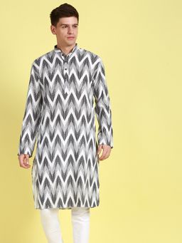 Sanwara - Men Floral Patterned Cotton Black & White Trendy Look Kurta