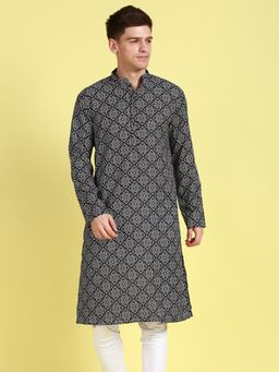 Sanwara - Men Floral Patterned Cotton Black Trendy Look Kurta