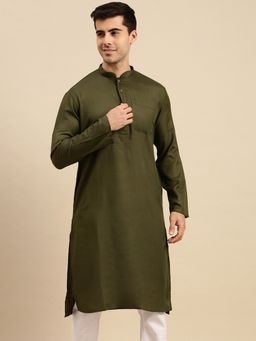 Sanwara - Men Bottle Green Solid Cotton Kurta