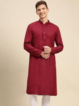 Sanwara - Men Maroon Cotton Chikankari Embroidery Kurta