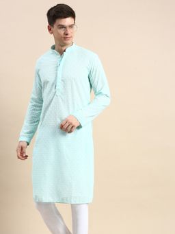 Sanwara - Men Sea Green Thread Work Chikankari Indian Style Cotton Kurta