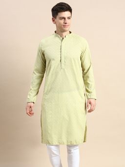 Sanwara - Men Parrot Green Thread Work Chikankari Indian Style Cotton Kurta