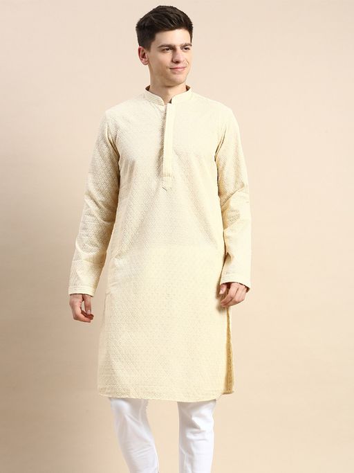 Sanwara Men Beige Thread Work Chikankari Indian Style Cotton Kurta