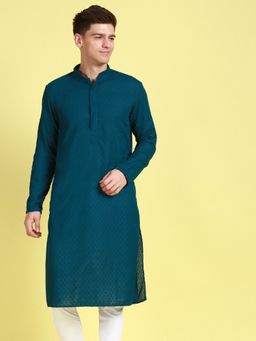 Sanwara - Men Firozi Thread Work Chikankari Indian Style Cotton Kurta