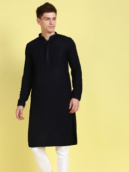 Sanwara - Men Deep Blue Thread Work Chikankari Indian Style Cotton Kurta