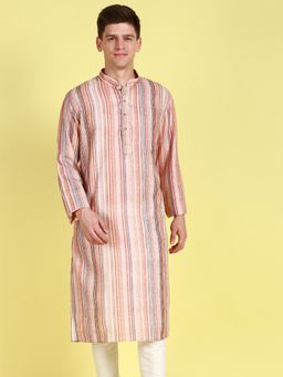 Sanwara - Men Striped Charming Rust Straight Cut Cotton Kurta