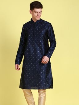 Sanwara - Men Ethnic Floral Pattern Embellished Deep Blue Art Silk Kurta