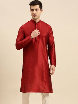 Sanwara - Men Red Solid Art Silk Kurta
