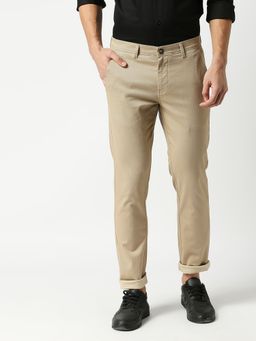 Dragon Hill - Cream Slim Straight Cotton Dobby Lycra Trouser
