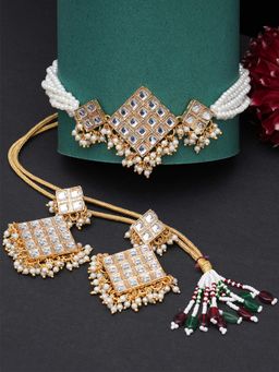 Karatcart - Gold Plated Kundan and Pearl Beaded Choker Necklace Set (Set of 2)