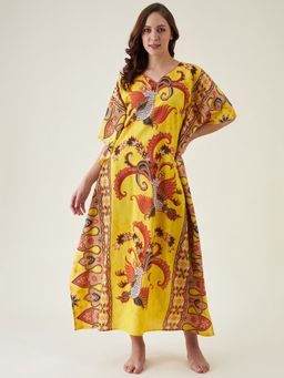 The Kaftan Company - Patterned Enchanted Birds Batik Print Cotton Kaftan Yellow