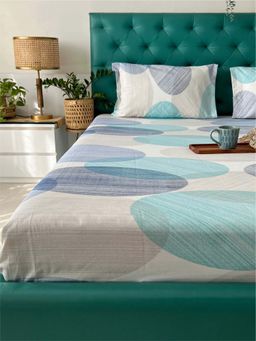 Urban Space - Cotton Fitted Bedsheet Double Bed with 2 Pillow Covers(Oval Blue)