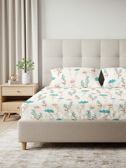 Urban Space - Cotton Fitted Bedsheet with Pillow Covers - Orchid Blooms Turquoise (King)