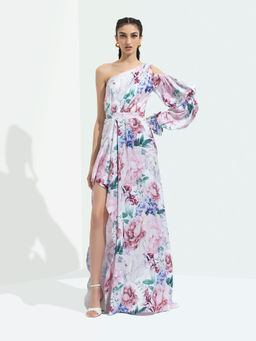 MANDIRA WIRK - Iris Printed One Off Shoulder High Low Dress Multi-color