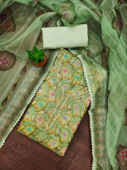 Zeepkart - Organza Silk Green Colour Printed Unstitched Kurta and Bottom with Dupatta (Set of 3)