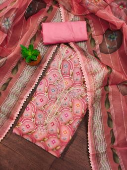 Zeepkart - Organza Silk Pink Colour Printed Unstitched Kurta and Bottom with Dupatta (Set of 3)