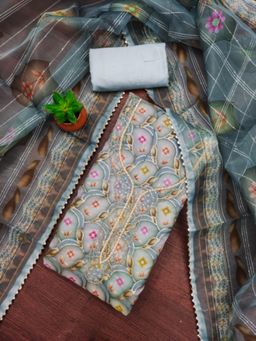 Zeepkart - Organza Silk Blue Colour Printed Unstitched Kurta and Bottom with Dupatta (Set of 3)