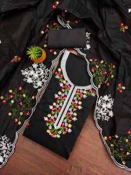 Zeepkart - Cotton Silk Black Colour Embroidered Unstitched Kurta and Bottom with Dupatta (Set of 3)