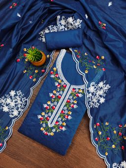 Zeepkart - Cotton Silk Blue Colour Embroidered Unstitched Kurta and Bottom with Dupatta (Set of 3)