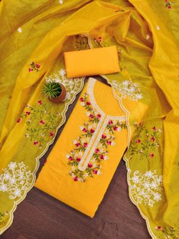 Zeepkart - Cotton Silk Mustard Colour Embroidered Unstitched Kurta and Bottom with Dupatta (Set of 3)