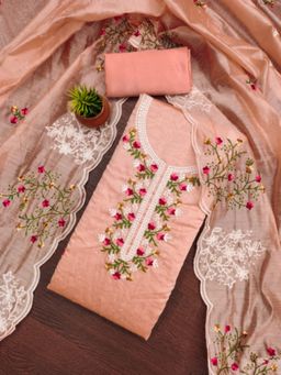 Zeepkart - Cotton Silk Peach Colour Embroidered Unstitched Kurta and Bottom with Dupatta (Set of 3)
