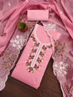 Zeepkart - Cotton Silk Pink Colour Embroidered Unstitched Kurta and Bottom with Dupatta (Set of 3)
