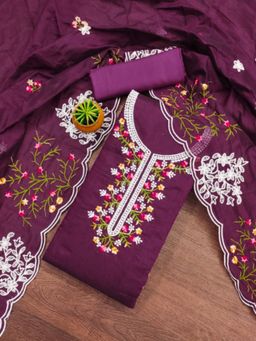 Zeepkart - Cotton Silk Purple Colour Embroidered Unstitched Kurta and Bottom with Dupatta (Set of 3)