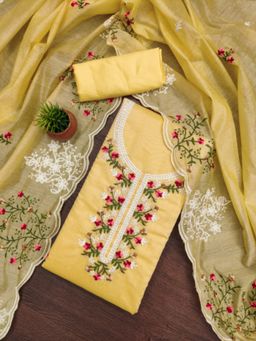 Zeepkart - Cotton Silk Yellow Colour Embroidered Unstitched Kurta and Bottom with Dupatta (Set of 3)