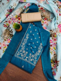 Zeepkart - Cotton Silk Teal Colour Embroidered Unstitched Kurta and Bottom with Dupatta (Set of 3)