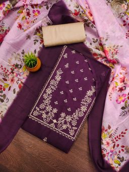 Zeepkart - Cotton Silk Purple Colour Embroidered Unstitched Kurta and Bottom with Dupatta (Set of 3)