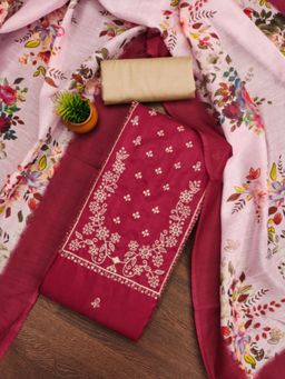 Zeepkart - Cotton Silk Red Colour Embroidered Unstitched Kurta and Bottom with Dupatta (Set of 3)
