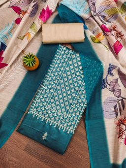 Zeepkart - Cotton Silk Teal Colour Embroidered Unstitched Kurta and Bottom with Dupatta (Set of 3)