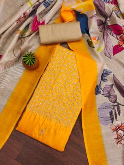 Zeepkart - Cotton Silk Mustard Colour Embroidered Unstitched Kurta and Bottom with Dupatta (Set of 3)