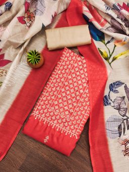 Zeepkart - Cotton Silk Orange Colour Embroidered Unstitched Kurta and Bottom with Dupatta (Set of 3)