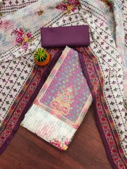 Zeepkart - Organza Silk Purple Colour Floral Unstitched Kurta and Bottom with Dupatta (Set of 3)