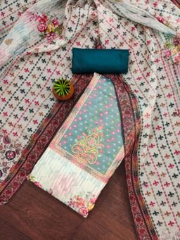 Zeepkart - Organza Silk Teal Colour Floral Unstitched Kurta and Bottom with Dupatta (Set of 3)