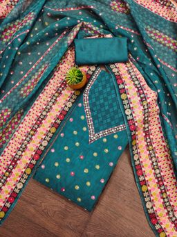 Zeepkart - Organza Silk Teal Colour Printed Unstitched Kurta and Bottom with Dupatta (Set of 3)