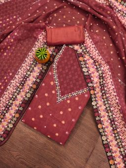 Zeepkart - Organza Silk Red Colour Printed Unstitched Kurta and Bottom with Dupatta (Set of 3)