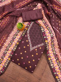 Zeepkart - Organza Silk Wine Colour Printed Unstitched Kurta and Bottom with Dupatta (Set of 3)