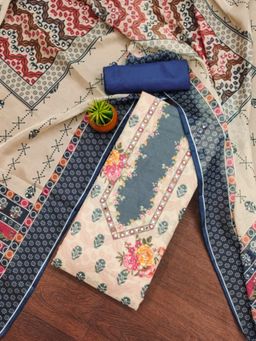 Zeepkart - Organza Silk Blue Colour Floral Unstitched Kurta and Bottom with Dupatta (Set of 3)