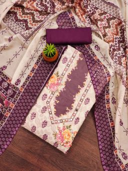 Zeepkart - Organza Silk Purple Colour Floral Unstitched Kurta and Bottom with Dupatta (Set of 3)