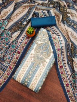 Zeepkart - Organza Silk Blue Colour Printed Unstitched Kurta and Bottom with Dupatta (Set of 3)