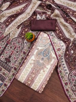 Zeepkart - Organza Silk Wine Colour Printed Unstitched Kurta and Bottom with Dupatta (Set of 3)